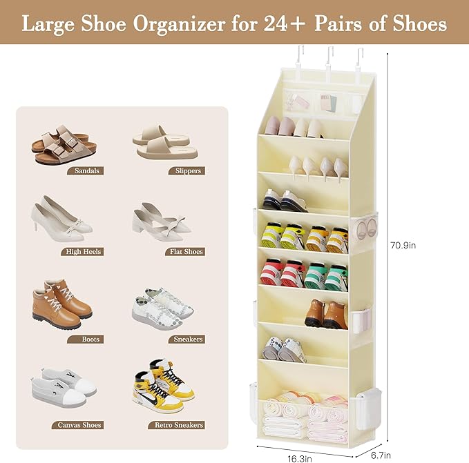 Shoe Storage, Over the Door Shoe Organizer, Hanging Closet Shoe Storage with Large Deep Pockets, Fits 16–24 Pairs of Sneakers, Sandals, Boots, Beige