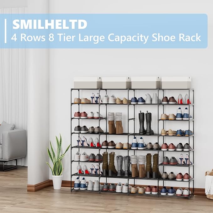SMILHELTD Large Shoe Rack 4 Row 8 Tier for Entryway Holds 64 Pairs | Metal & Plastic Sneaker Shelves, DIY Assembly, Space Saving Storage Organizer for Garage Closet, 66.1"W x 49.2"H