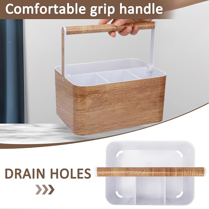 BYUNER Shower Caddy Portable for College: Devided Bathroom Caddy Shower Basket for Dorm with Handle, Plastic Bathroom Counter Organizer Storage Tote Bin for Dorm,Kitchen,Cabinet, Wood Grain