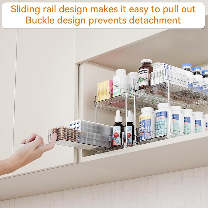 2 Tier Sliding Spice Racks for Cabinets,2 Pack 10.4'' Deep Narrow Vertical Spice Rack Pull Out for Inside Cabinets,Kitchen,Pantry,Cupboard Seasoning,Jar Organizer and Medicine Cabinet Storage