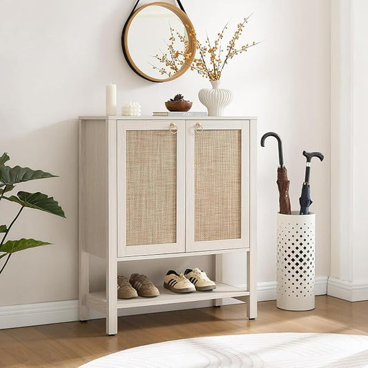 SICOTAS Rattan Shoe Cabinet with Storage, 5 Tier, White Cream Oak | Farmhouse Boho Shoe Organizer Storage Cabinet with Shelves & Doors, Tall Shoe Rack Cabinet for Entryway, Living Room, Closet