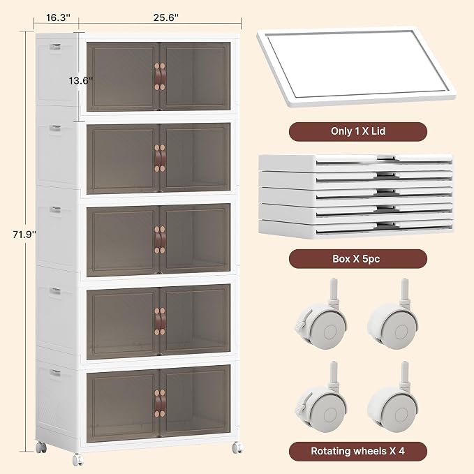 1120QT Extra Large Stackable Storage Bins with Lids & Wheels | & Door,Total 280Gal for 5-Tier set Foldable Collapsible Closet Organizers, Plastic containers drawers for bedroom Dorm