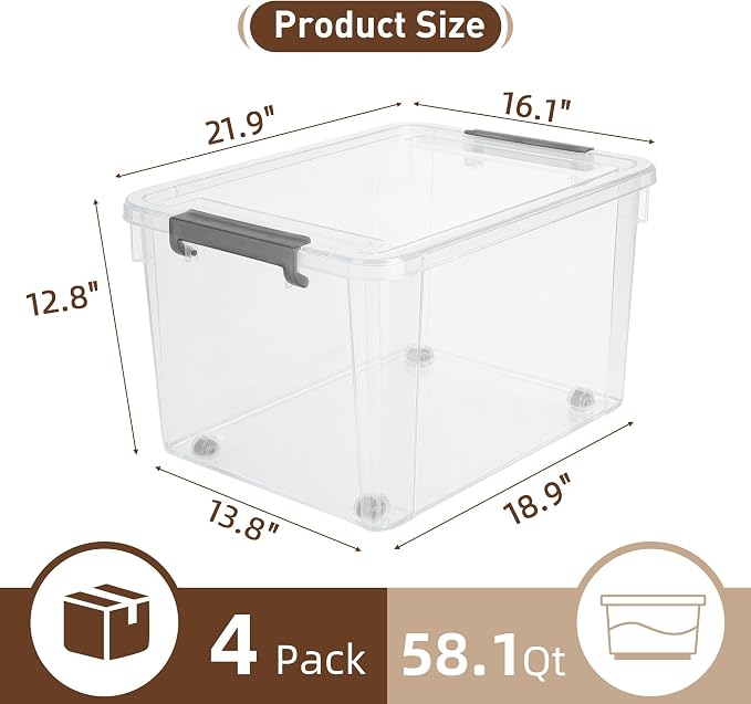 Citylife 58.1 QT Plastic Storage Bins with Latching Lids Stackable Storage Containers for Organizing Large Clear Storage Box for Garage, Closet, Kitchen, 4 Packs