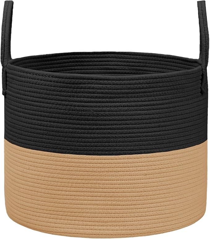 JMvicyroam 65L Extra Large Machine Washable Cotton Rope Blanket Basket | Collapsible laundry hamper, Reinforced handles, For blankets, pillows, toys and clothes, Living room and bedroom, Black&Jute