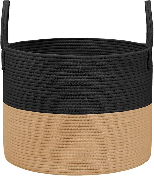 JMvicyroam 115L Extra Large Machine Washable Cotton Rope Blanket Basket | Collapsible laundry hamper, Reinforced handles, For blankets, pillows, toys and clothes, Living room and bedroom, Black&Jute