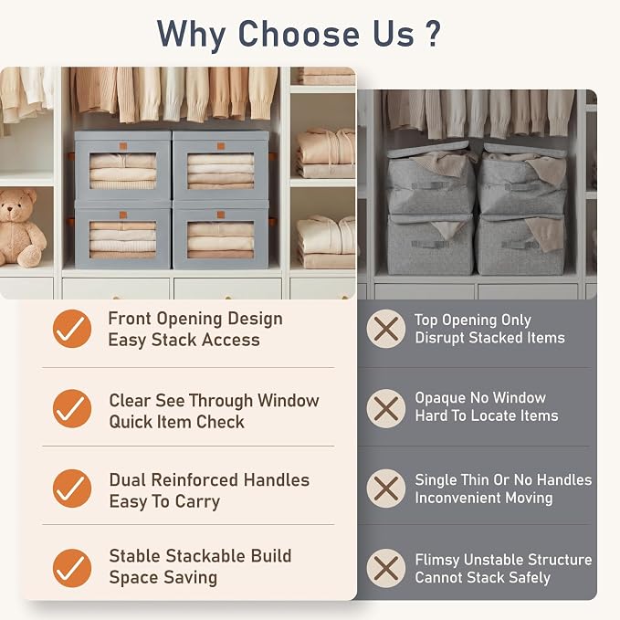 DIMJ Storage Bins with Lids - 6 Pack Front Opening Stackable Fabric Storage Boxes with Clear Window & Handles, Collapsible Closet Organizers for Clothes, Sweaters, Shelf Storage, Bedroom, Gray