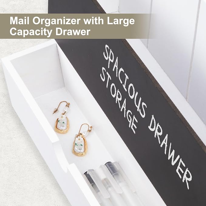 Mail and Key Holder Wall Mount with Storage Drawer & Chalkboard Panel | Modern Wooden Mail Organizer for Wall Entryway, 7 key hooks, Stylish Home Decor for Apartments, Living Room, Office