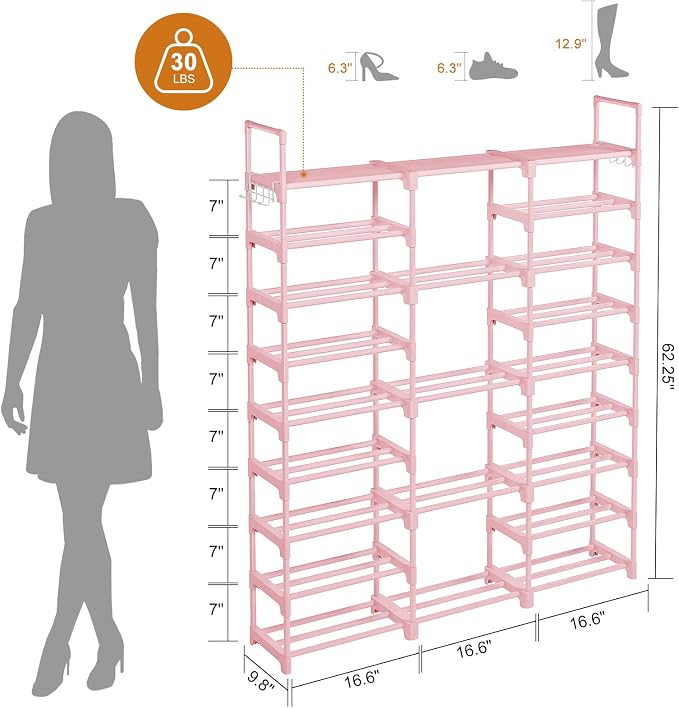 WOWLIVE 9 Tier 3-Column Shoe Rack, 50-55 Pairs Stackable Pink | 50in long for larger entryways. Removable shelves fit tall boots. Split into multiple units for garage/closet.