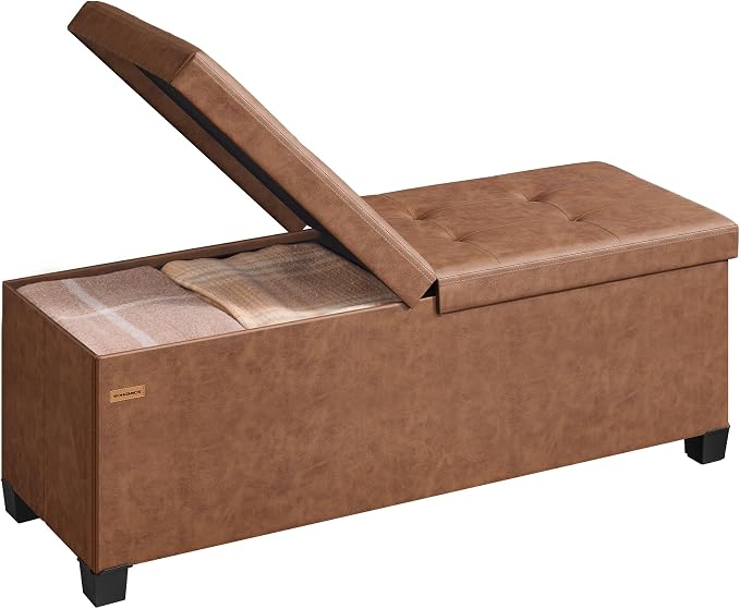 SONGMICS Storage Ottoman Bench with Legs, Folding Ottoman Foot Rest with Flipping Lid, Bench with Storage, for Living Room, Bedroom, Entryway, Synthetic Leather, 43.3 Inches, Coffee Brown ULSF085KQ01