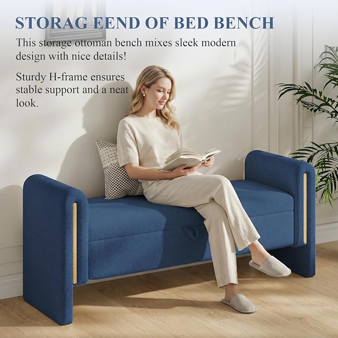 Storage Ottoman Bench, End of Bed Bench with Pull-Ring | 52" Teddy Upholstered, Window Bench with Armrest, Generous Storage, Safety Hinge, Holds 250 LBS, for Bedroom, Navy Blue