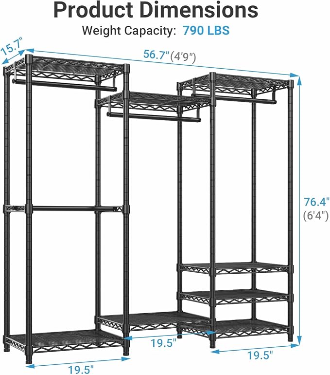 VIPEK V5 Medium Portable Closet Wardrobe Heavy Duty Clothes Rack, Freestanding Closet Metal Clothing Rack with 4 Hang Rods & 8 Shelves, Adjustable Custom Closet Rack, 56.7" Lx15.7 Wx76.4 H, Black