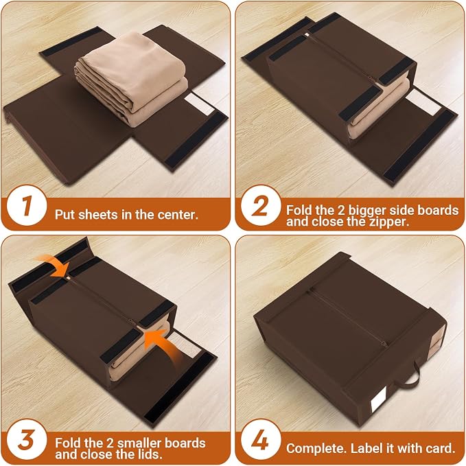 StorageTastic 2 Pack Bed Sheet Closet Organizers and Storage,Sturdy Foldable Storage Containers with Window and Label,Storage and Organization for Bedding Sheets,Duvet Covers,Blankets (Brown)
