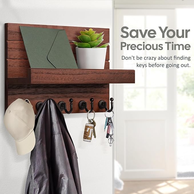 HONJIN Mail and Key Holder for Wall: Easy Installation Modern Mail Holder Wall Mount Key Shelf for Hallway Living Room House Decoration (Brown)