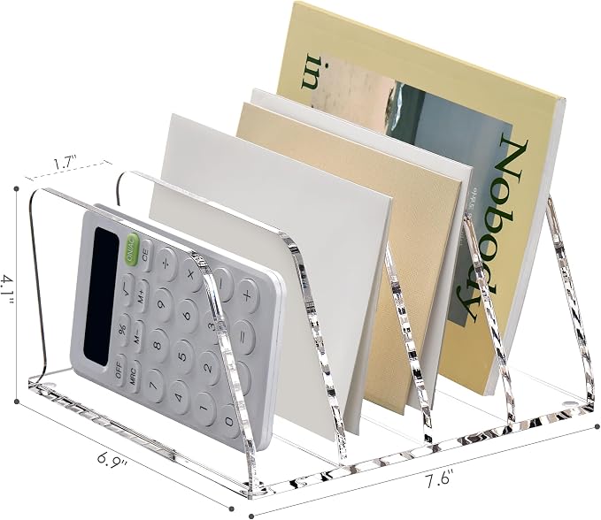 SANRUI Acrylic Desk Mails File Sorter Clear Letter Organizer Holder,4 Slot | Vertical File Folder Rack,Notebook Magazine Desktop Binder Mails Storage Bookshelf Upright Divider for Home Office School