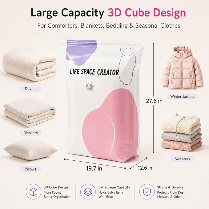 3 Pack No Pump Vacuum Storage Bags, 19.7 x 12.6 x 27.6 in | Large capacity space saver compression bags for comforters blankets bedding seasonal clothes closet organization and moving