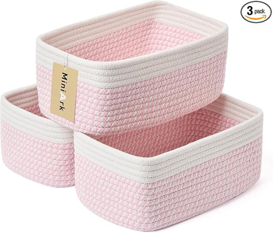 MiniArk Small Storage Baskets for Organizing | Closet Organizer Bins | Shelf Toy Basket | Woven Rope Baskets | Cube Decorative Box | Shallow Basket | 11.5x7.5x4.7” | 3 Packs White Pink