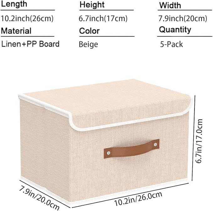 Yawinhe Collapsible Storage Boxes,Beige,10.2x7.9x6.7in,5-Pack | Fabric Storage bin with Lids, Washable Cube Organizer Basket; Container with Leather Handle,Closet Organizer for Home