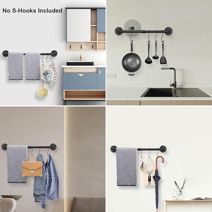Livabber Industrial Pipe Towel Bar, Rustic Iron Decor Bathroom Hardware Towel Holder Accessory, Heavy Duty Wall Mounted Bath Towel Rack, Black (24 Inch)
