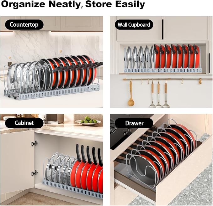 Housolution Pot and Pan Lid Organizer Holder Storage Rack, Grey | 12"-23" Expandable, 14 Adjustable Dividers, Sturdy Metal Construction, Easy Assembly