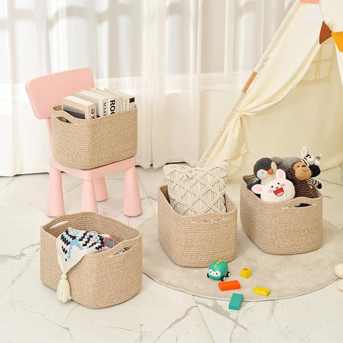 ICERZCZ Storage Baskets for Organizing & Shelves, Woven Cotton Rope Organization Bins for Dog Toys, Clothes, Books, Nursery Organizer, 15"Lx11''Wx9.5''H, (4 Packs) Brown