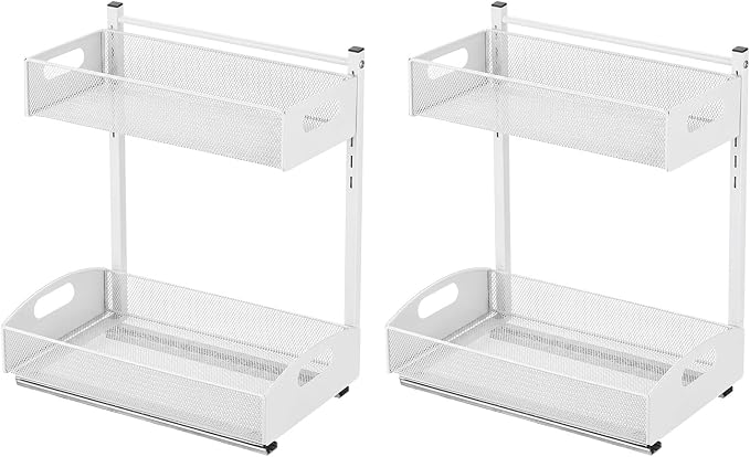VEVOR Under Sink Organizer, 2 Pack 2-Tier Pull Out Cabinet Organizer with 4-Level Height Adjustment, Metal Slide Out Shelf, Multi-Purpose Cabinet Organizers and Storage for Bathroom & Kitchen, White