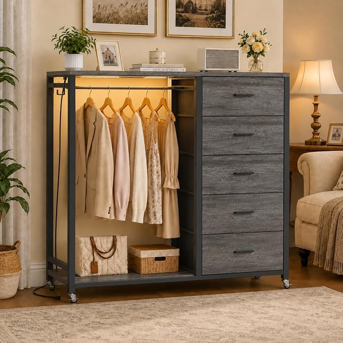 Cyclysio Storage Clothes Rack with 5 Drawers, Garment Rack with Charging Station & LED Lights, Fabric Chest Shelves Clothing Rack, Wooden Portable Wardrobe Closet