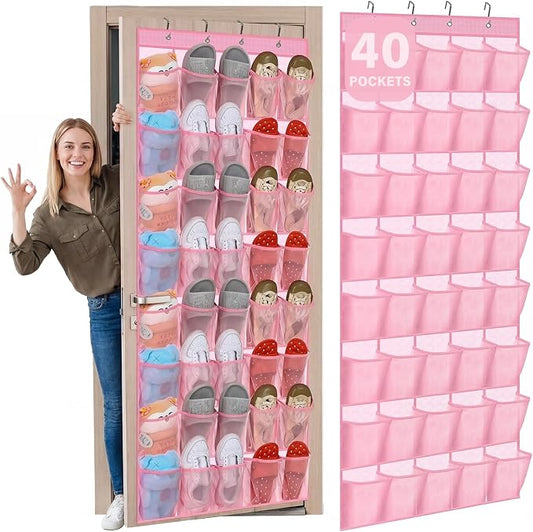 Windyun 40 Over the Door Shoe Organizer Large Breathable Mesh Pockets Pink Hanging Shoe Rack for Closet Behind Door Hanger Storage Holder Nonslip Hooks for Women Entryway Bedroom Utility Room