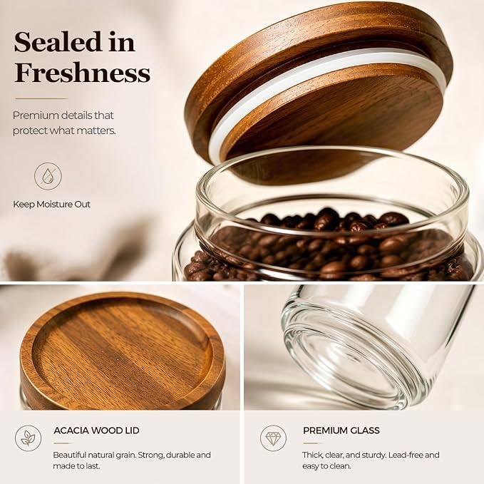 ComSaf Glass Jar with Acacia Wood Lid 34oz 1Pack, Food Storage Container | 1.1Qt Canister, Oats Coffee Sugar Pasta Candy Cookies Nut, Kitchen Pantry, Decorative, Countertop Display, Food-Grade, Label