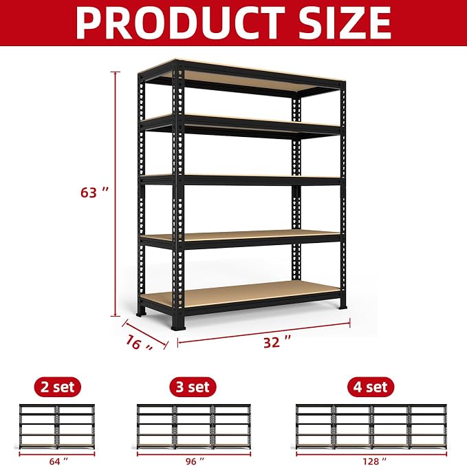 PrimeZone Garage Storage Shelves, 5 Tier Adjustable Metal Shelving, 4 Pack | 31.5"W x 16"D x 63"H, Power-Coated Heavy Duty Steel Frame, Detachable, Freestanding Shelf for Kitchen, Pantry, Basement, 4PCS