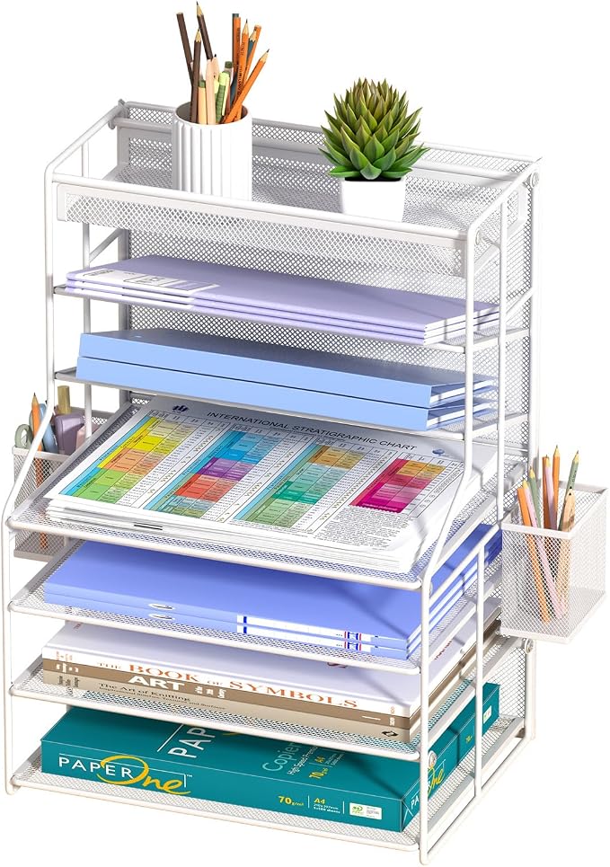 White 7 Tier Desk File Organizer, Metal Letter Tray Paper Organizer with Pull-Out Drawer, Removable Pen Holder & Hanging Basket, Vertical Desktop File Holder for Home Office, Classroom