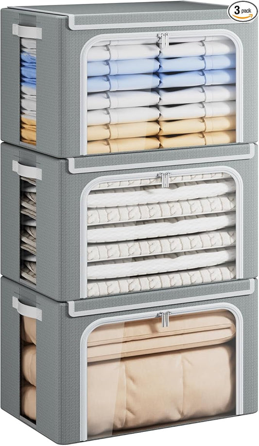 Yecaye Large Clothes Storage Bins with Metal Frame, Foldable Clothing Storage Bin with Lid, Stackable Oxford Fabric Organizer Box With Clear Window & Zippers & PU Leather Handles (3 Pack, Grey, 66L)