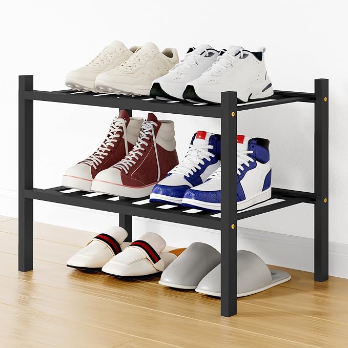 Smiry Bamboo Shoe Rack, 12 Vertical Slats, 2 Tier - 17.3" Wide, Black | Stackable Free Standing Wooden Shoe Organizer, Wood Shoe Storage Shelf for Closet, Entryway