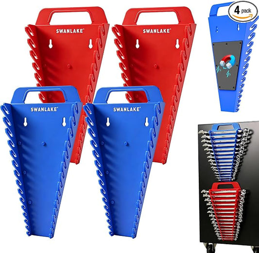 SWANLAKE Magnetic Wrench Organizer Toolbox Holder, 4-Pack SAE (1/4'' to 1-1/16''), Metric (6mm to 27mm) Wrench Organizers, Total Hold 60 Slots Ratchet Holders for Tool Box