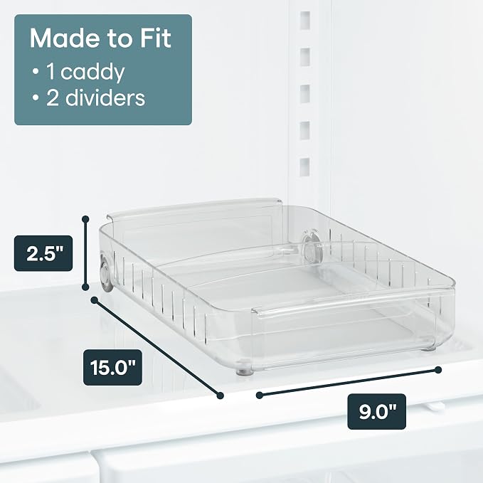 YouCopia RollOut Fridge Caddy BPA-Free Clear Rolling Refrigerator Organizer Bin with Adjustable Dividers and Handles, 9" Wide