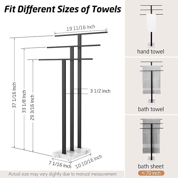 KES Standing Towel Rack with Marble Base, 3-Tier, Matte Black, 36-Inch | 18/8 Stainless Steel, 8.23 Lbs Weighted Base, Anti-Slip Pads, No Drilling Assembly, Freestanding Holder For Bathroom