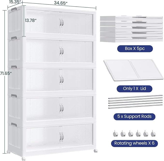 300GAL Plastic Storage Bins with Lid, 1200QT Extra Large Stackable Closet Organizers and Storage, Collapsible Storage Boxes with Wheels, Folding Cabinet for Home Kitchen Office, 5Pack White