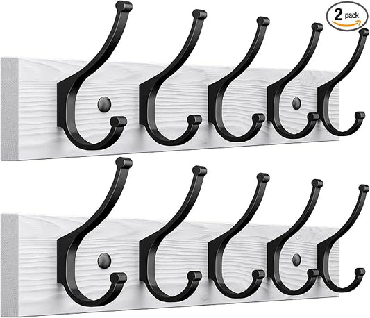 Optish 2 Pack Wooden Coat Rack Wall Mount, 16.1" Rustic Coat Hanger Hooks with 10 Double Hooks, Wall Coat Rack for Hat, Clothes, Bags, Jacket, Brown, White