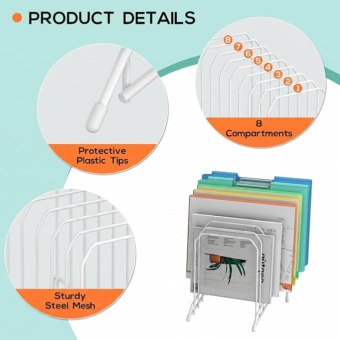 Incline Sorter Desk File Organizer, Metal Desk Magazine Folder Holder with 8-Section Vertical Compartments Rack File Organizer for Office, Home, School (2, White)