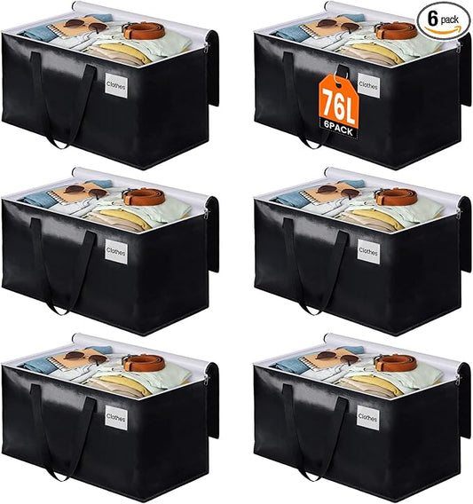 Heavy Duty Moving Bags, Extra Large Storage Bags, 76L, 6-Pack, Black | Foldable, with Zippers, Tag Pocket & Handles, Reusable, Space-saving, Water-Resistant, for moving & storage, Versatile Use