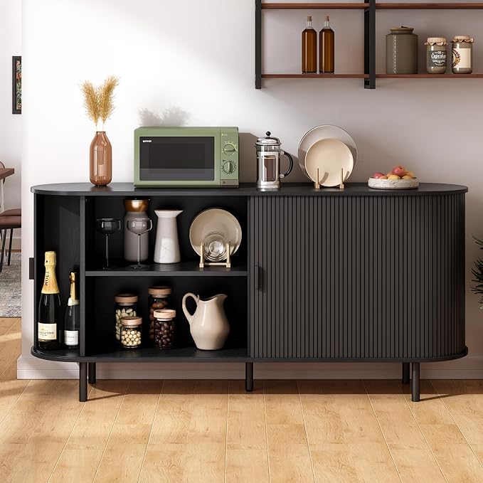 63" Sideboard Buffet Cabinet with Storage, Storage Cabinet with Sliding Door & Adjustable Shelf, Modern Accent Coffee Bar Console Table for Kitchen, Entryway, Black