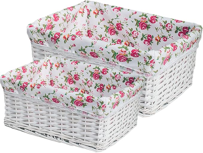 rismart Handmade Wicker Storage Baskets Woven Decorative Organizing Bins for Bedroom Bathroom Shelf White