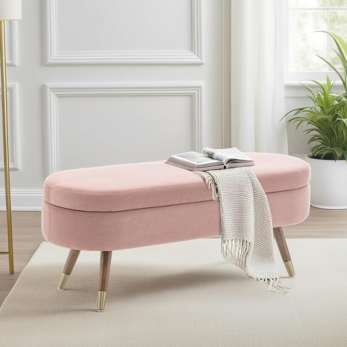 IAFIKE Oval Storage Bench 43.5" Ottoman Bench Upholstered Boucle Fabric Footrest Bench with Golden Metal Legs End of Bed for Bedroom, Living Room, Entryway,Bed Side (Pink)