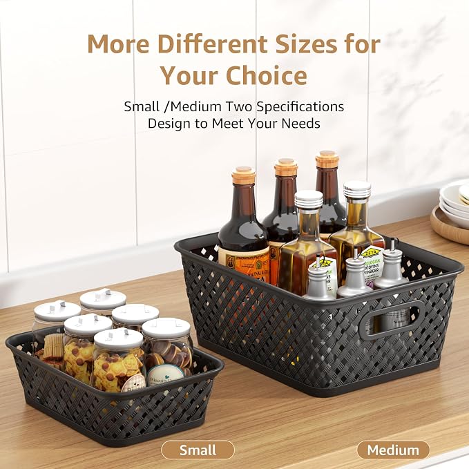 MaxGear 3 Pack Plastic Storage Baskets, Small, Black | Durable Woven Plastic with Built-In Handles, Suitable for Shelves, Closets, Cabinets, Bathrooms and Offices