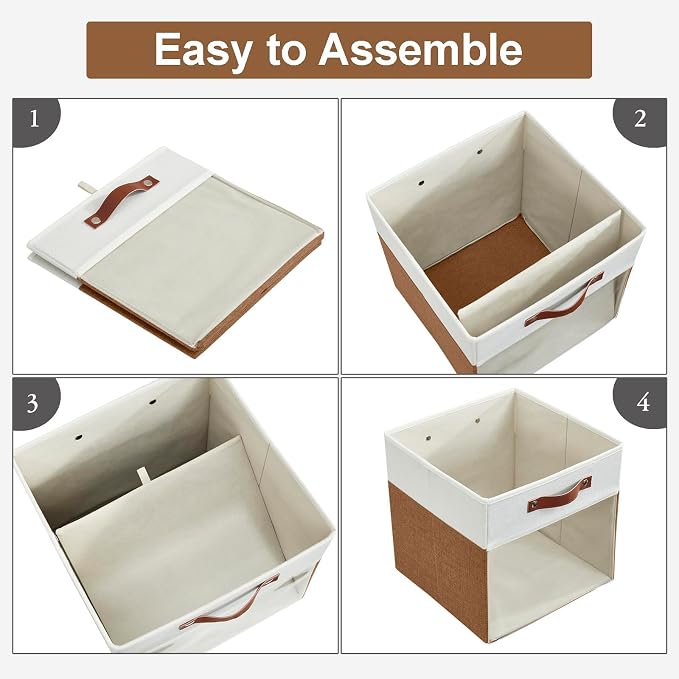 Storage Cubes, 4 Pack Linen Foldable Storage Bins with Clear Window and 2 Handles, 13x15x13 Storage Cube Bins for Shelf Closet, Kallax, Clothes, Books - (Brown / Off-White)