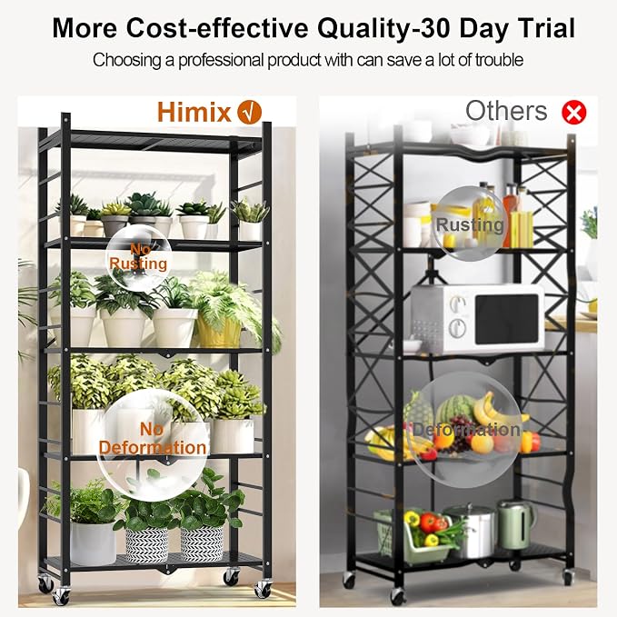Himix Storage Shelves with 20 Hooks, 5-Tier Collapsible Organization Storage Rack Bookshelf Folding Pantry Shelves Cube Shelf Wire Shelving Holds 440 Ibs for Garage Kitchen Room, Black
