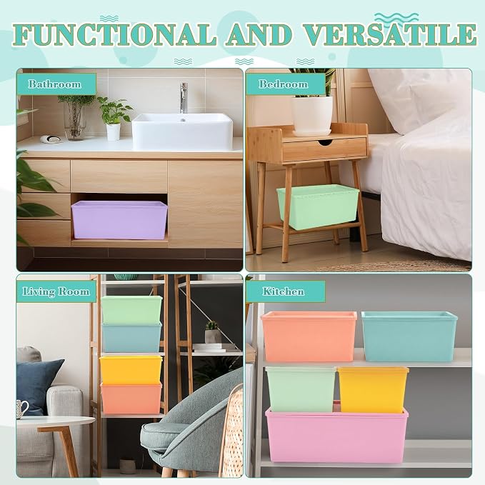 6 Pcs Plastic Storage Bins with Lids Stackable Storage Containers Durable Box Baskets for Organizing Shelves Playroom Classroom Office (Macaron Color,Large and Small)