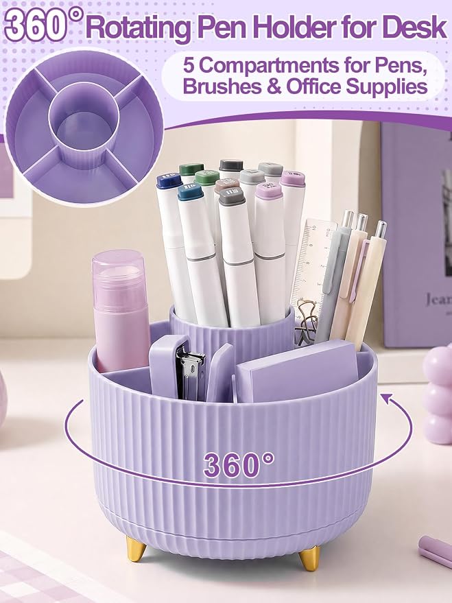 76Pcs Purple Desk Accessories Set, Office School Supplies for Women Girls | Cute 360° Rotating Pen Holder for Desk/Mat/Wrist Rest Mouse Pad/Phone Stand and More, for College Teacher Back to School