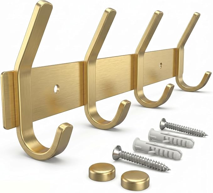 Brushed Gold Wall Mounted Coat Rack – 12 Inch Stainless Steel Rail with 4 Double Coat Hooks for Entryway, Bathroom, Bedroom, Kitchen – Modern Gold Hook Rack for Coats, Hats, Towels
