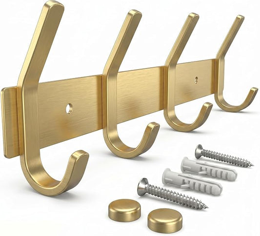 Brushed Gold Wall Mounted Coat Rack – 12 Inch Stainless Steel Rail with 4 Double Coat Hooks for Entryway, Bathroom, Bedroom, Kitchen – Modern Gold Hook Rack for Coats, Hats, Towels
