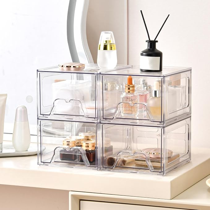 Stebopum 8 Pack Stackable Makeup Organizer, 4.4'' Tall Acrylic Bathroom Makeup Organizer and Storage Drawer with Pull-out Handle, Clear Plastic Storage Bins for Vanity,Pantry,Desk,Undersink,Kitchen